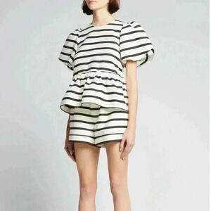 NWT Tanya Taylor Kelsey Stripe Peplum Top Black White 2